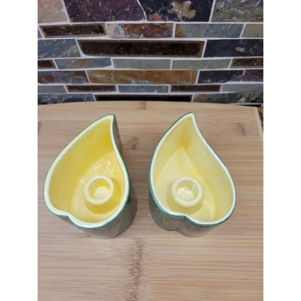 Vintage Red Wing Pottery Candle Holders B2113A MCM Green Yellow Teardrop Pair